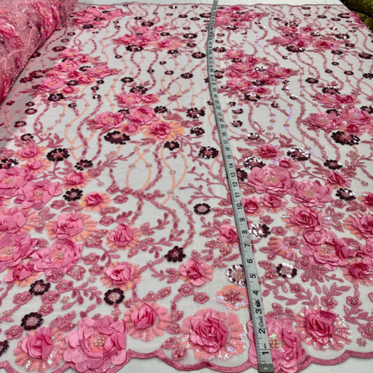 1 Yard Beaded Rhinestone 3D Floral Lace Fabric Embroidered 100 Percent Polyester Net Mesh 52 inch Width